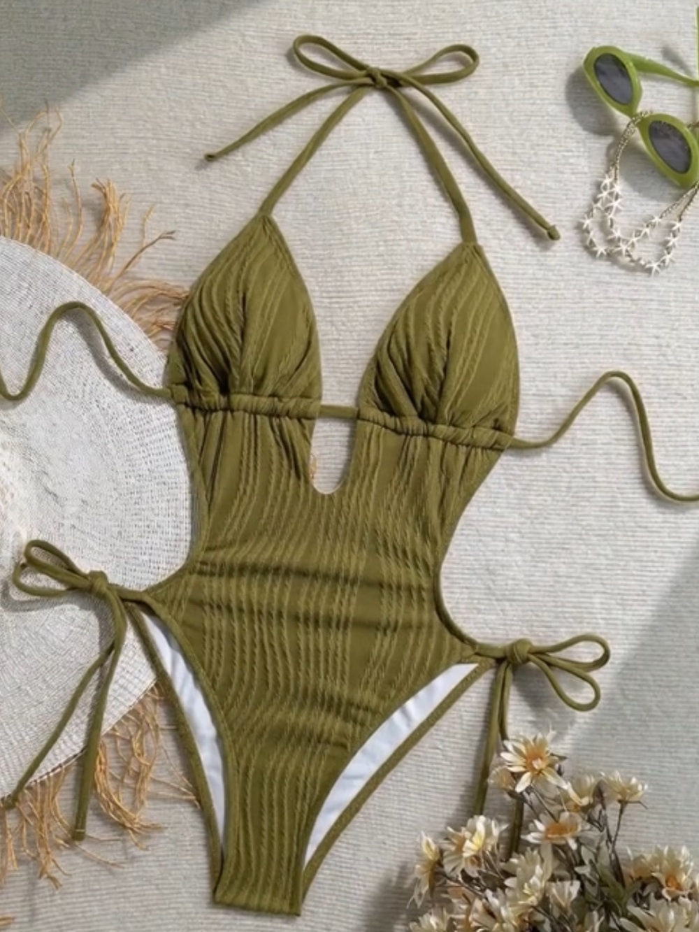 Olive Green Halter Cut out One-Piece Swimsuit